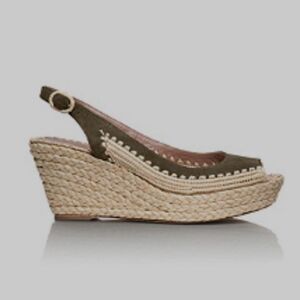 Tory Burch Camden Wedge Espadrille Sandals 9 Green Suede Raffia Slingback Peep
